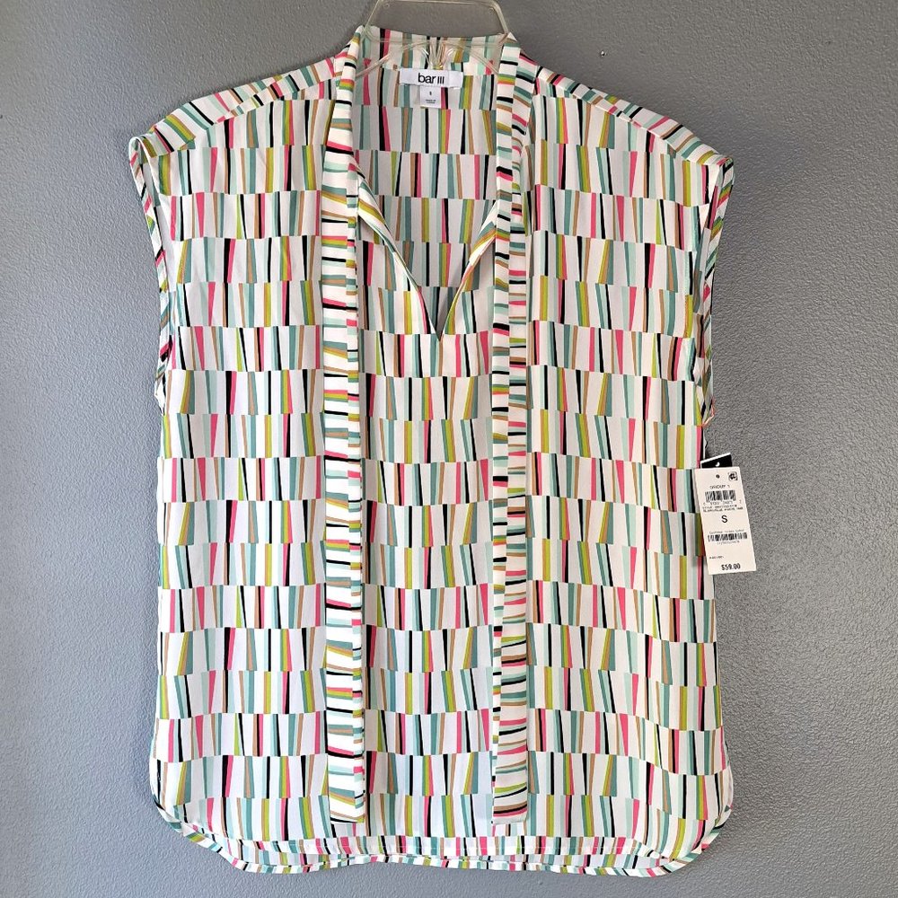 Bar III - Cream Black Pink Green Multi Color Sleeveless Top, Size Small. NWT